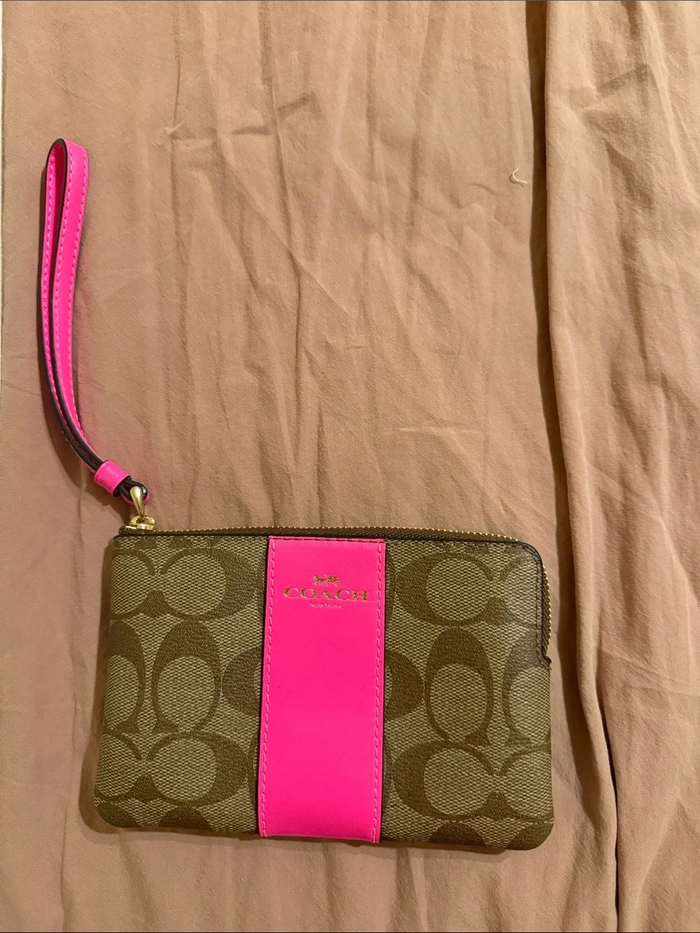 Coach Brown Signature Wristlet with Bright Pink Stripe